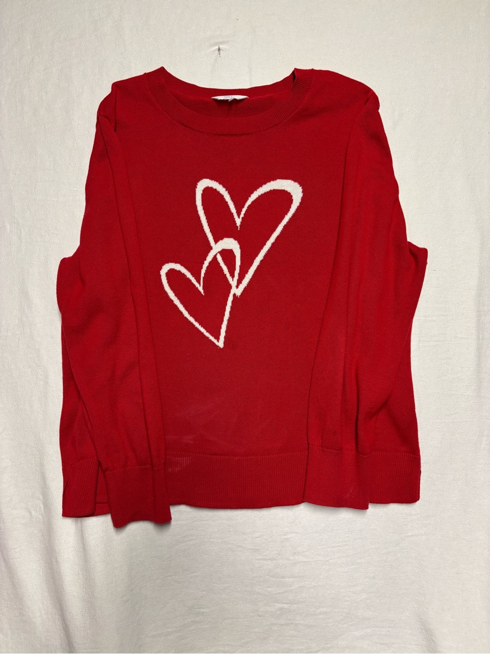 Time and Tru Red Crewneck Sweater with White Heart Motif